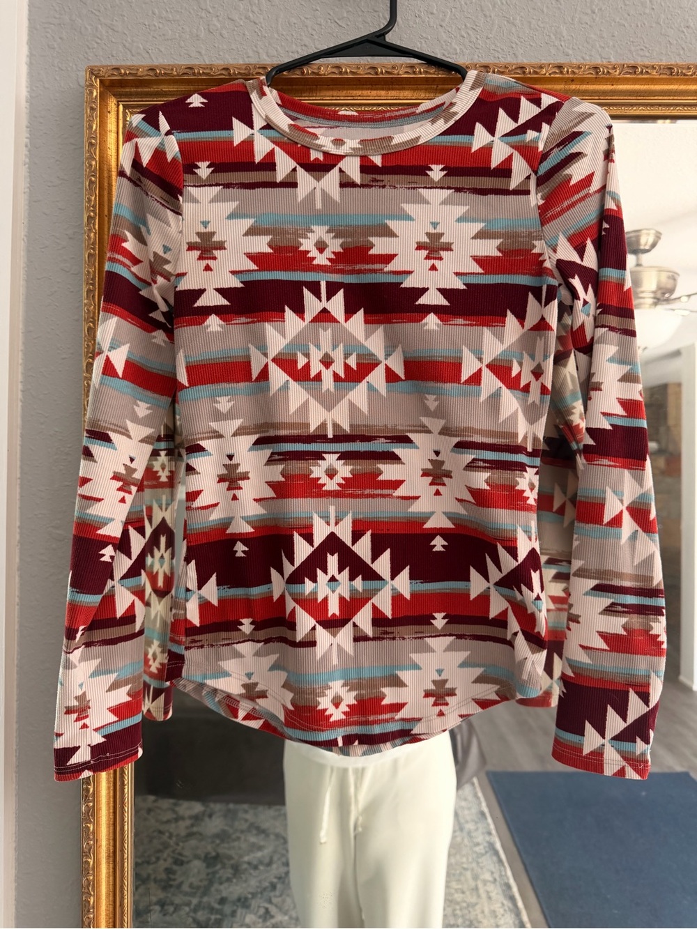 No Boundaries Burgundy Aztec Long-Sleeve Tee, great for scrub undershirt